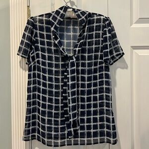 ModCloth Top Navy Cream Windowpane Size Medium Tie Front Sheerlike